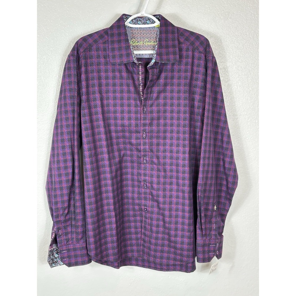 Robert Graham Shirt Mens XL Plaid Purple Black Button Long Sleeve Contrast Cuff